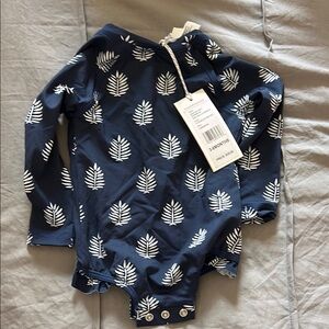 Navy Leaf Print Baby Onesie